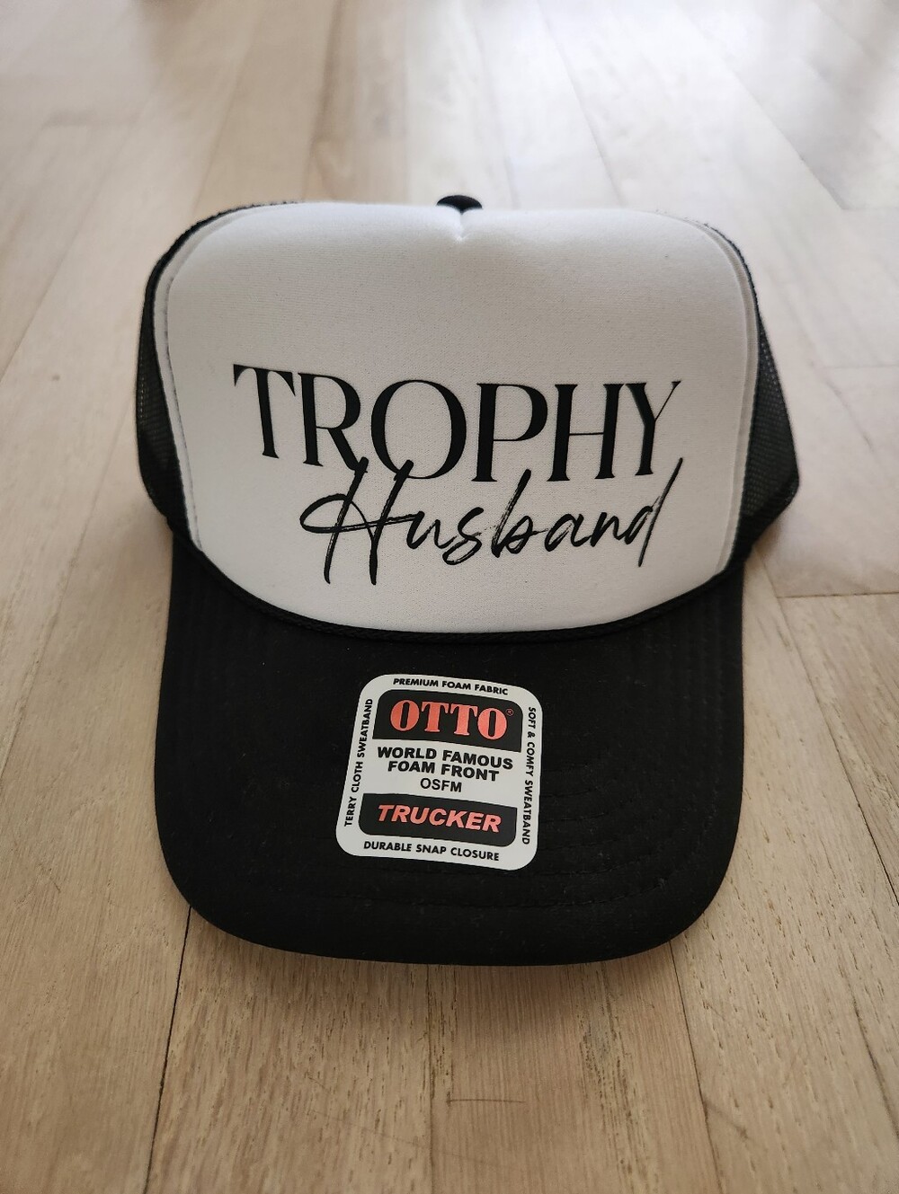 NWT Trophy Husband OTTO Trucker Hat New Black White Foam Snapback Cap Headwear